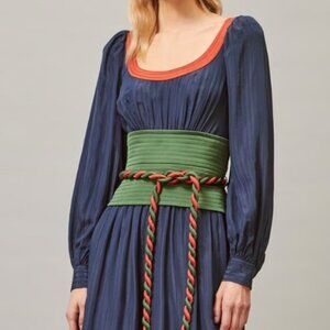 NWT Tory Burch Navy Silk/Satin Midi Length Tie-Waist Dress Size: XS, S $798